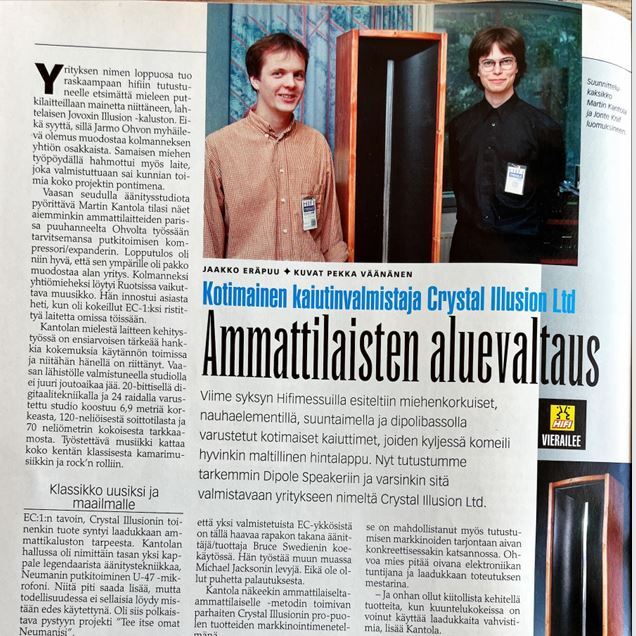 Hifi-Lehti 3 / 1999, Crystal Illusion kaiuttimet. Suunnittelijat Jontte Kniff ja Martin Kantola.